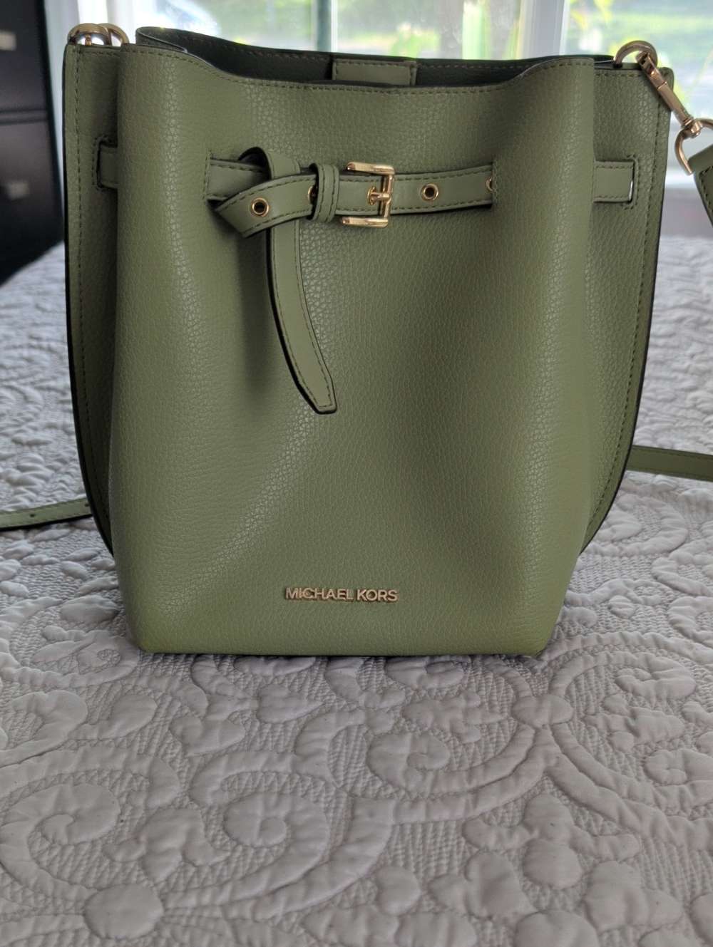 Michael Kors Light Olive Green Leather Crossbody Bucket Bag